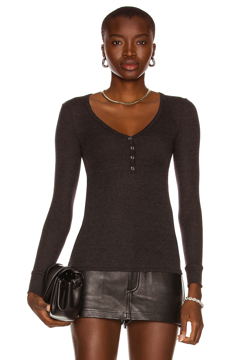 Image 1 of Enza Costa Italian Cashmere Tencel Baby Rib Long Sleeve Henley Top in Charcoal