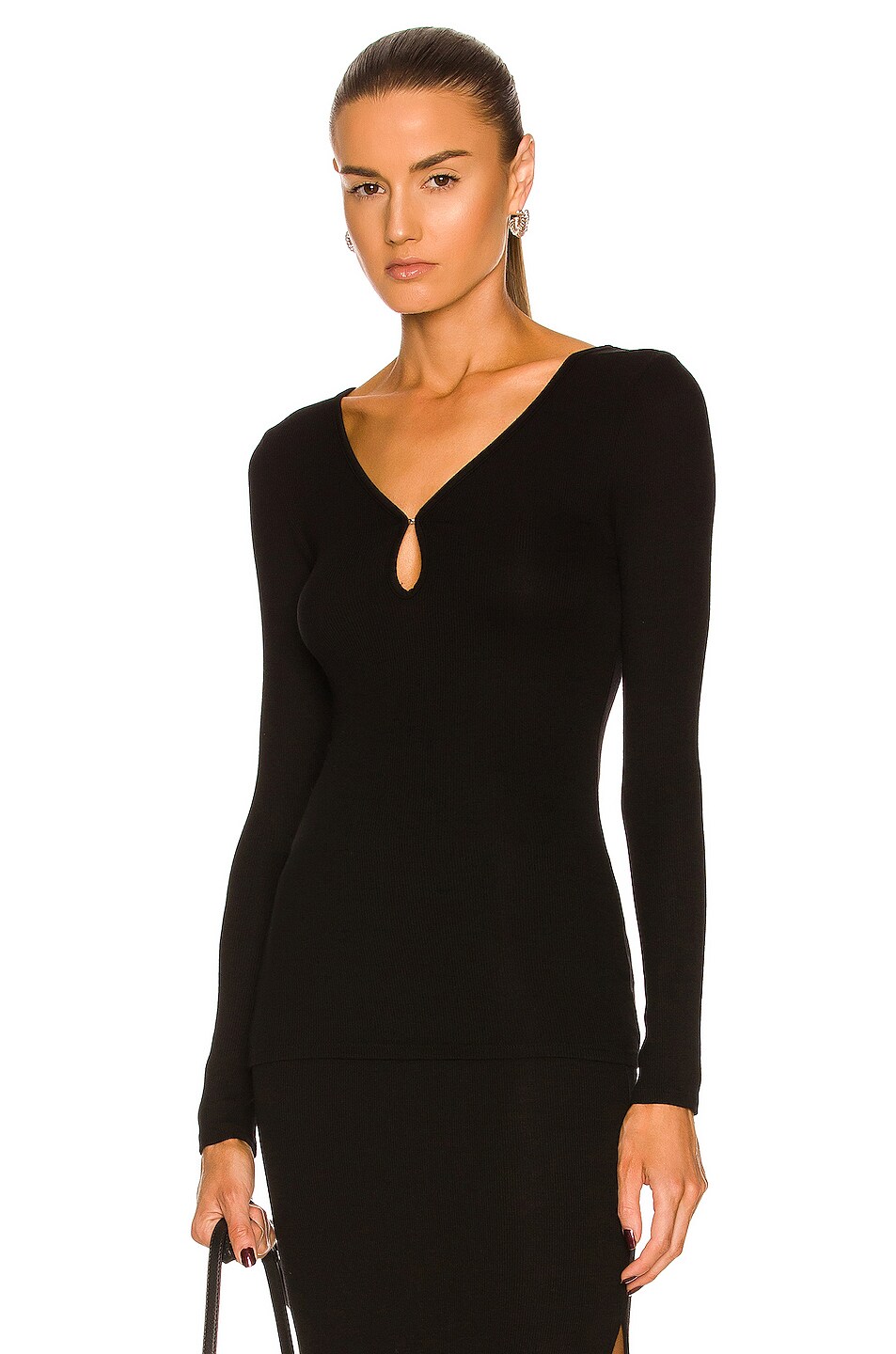 Image 1 of Enza Costa Stretch Silk Knit Long Sleeve Keyhole Top in Black