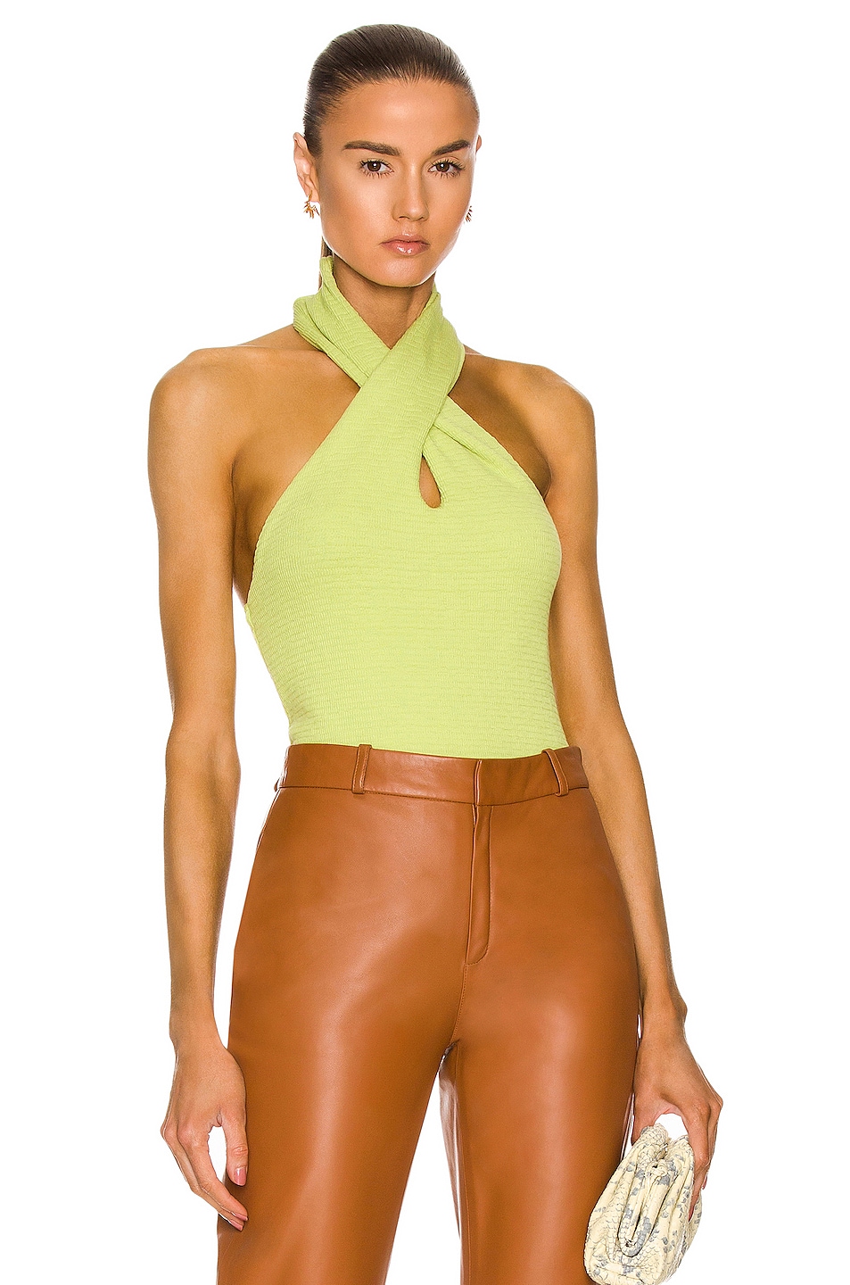 Image 1 of Enza Costa Puckered Knit Twist Halter Top in Lime