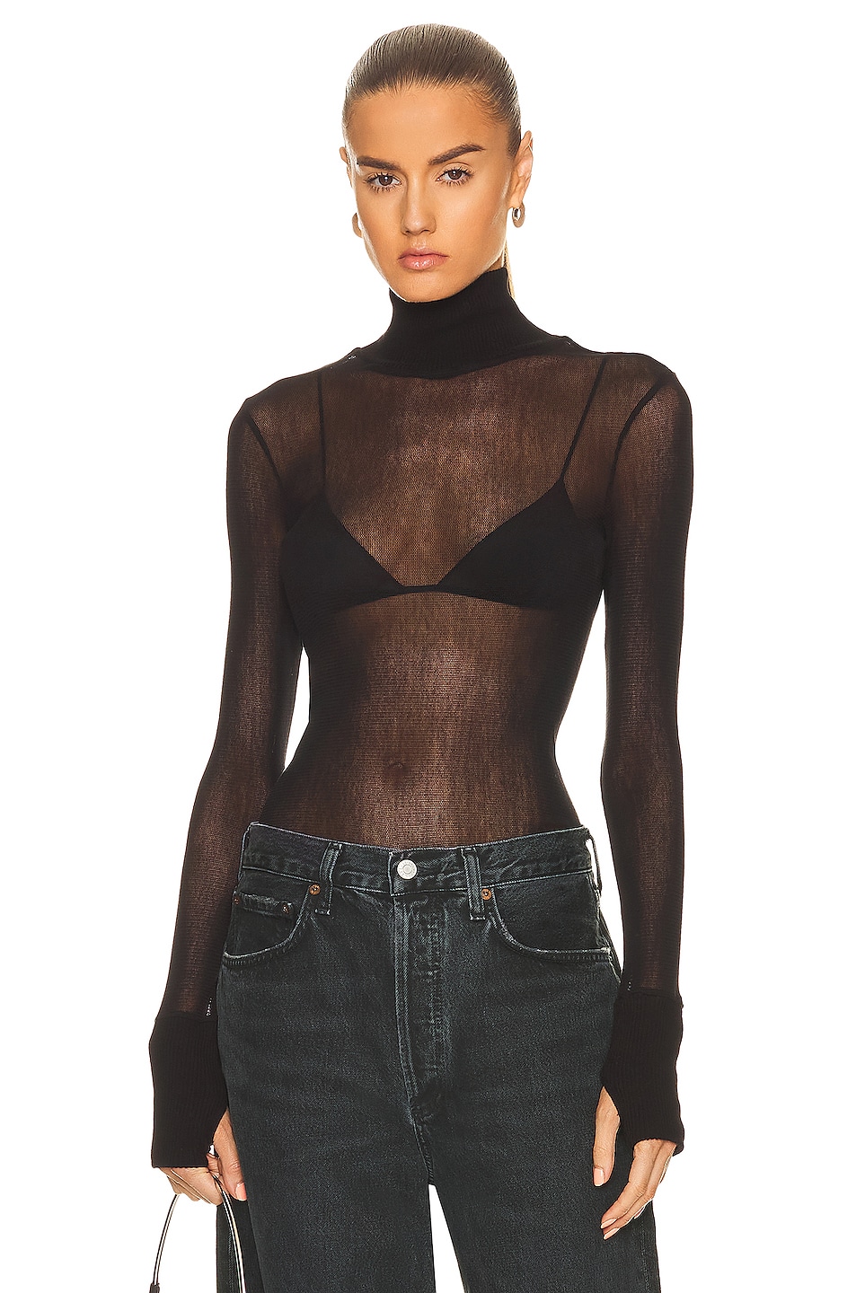 Image 1 of Enza Costa Cotton Mesh Cuffed Long Sleeve Turtleneck Top in Black