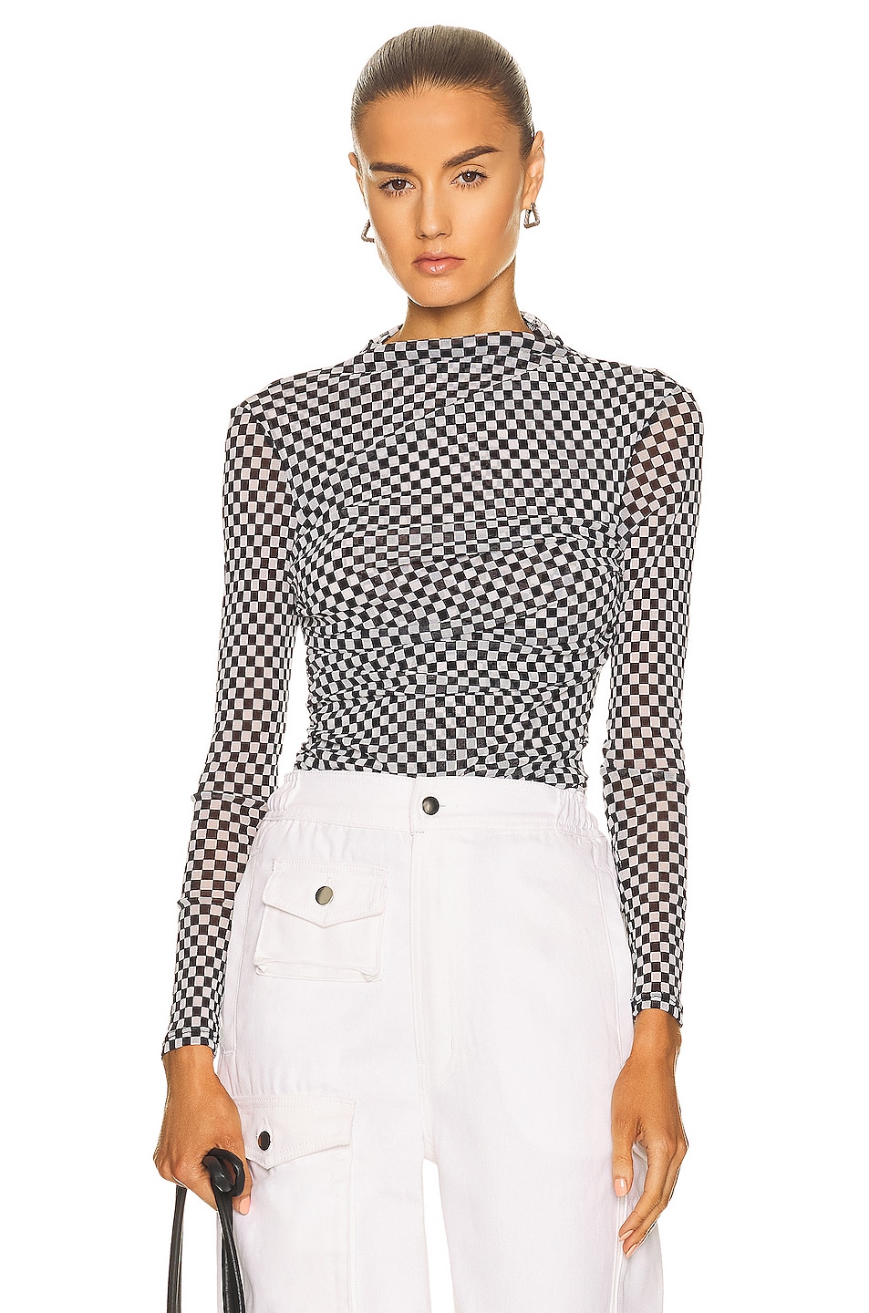 Image 1 of Enza Costa Mesh Long Sleeve Twist Top in Black & White Checker