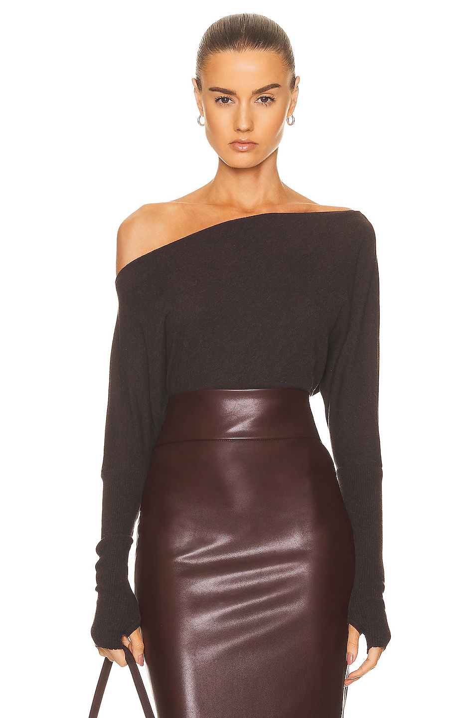 Image 1 of Enza Costa Cashmere Cuffed Off The Shoulder Long Sleeve Top in Dark Brown