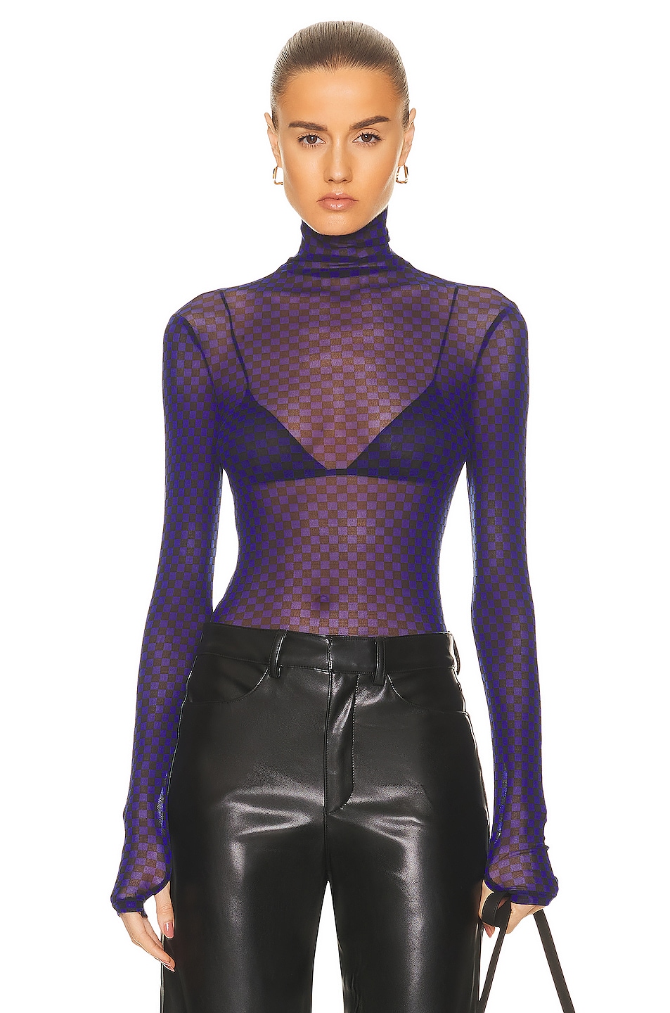 Image 1 of Enza Costa Mesh Long Sleeve Turtleneck Top in Black & Baltic Checker