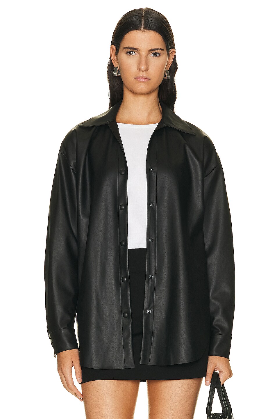 Image 1 of Enza Costa Matte Vegan Leather Tunic Shirt in Black