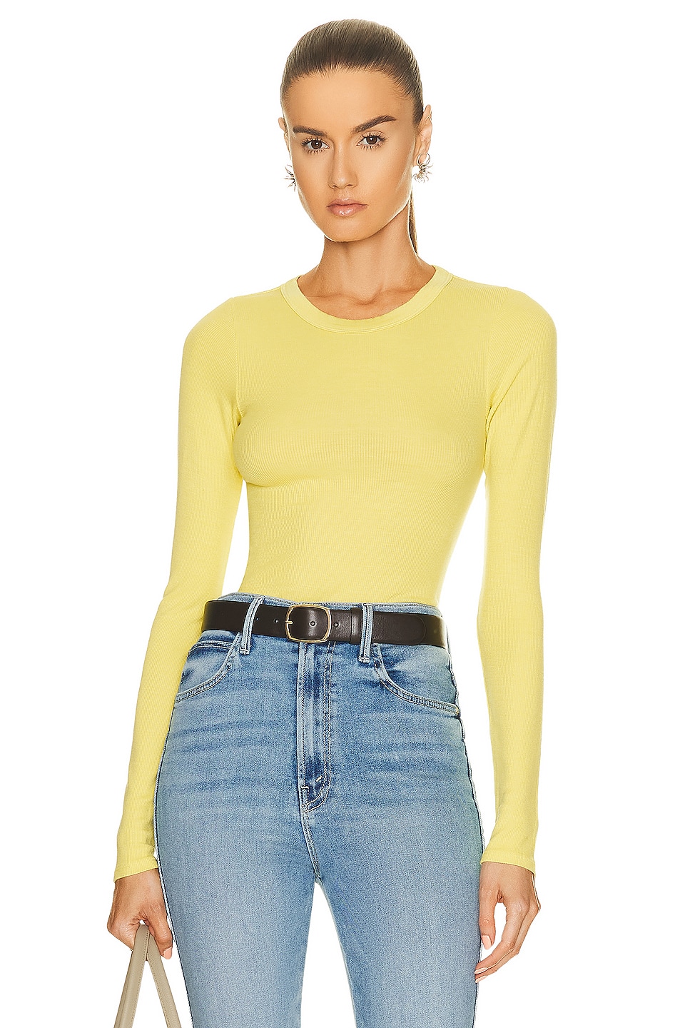 Image 1 of Enza Costa Silk Knit Long Sleeve Fitted Crew Neck Top in Acid