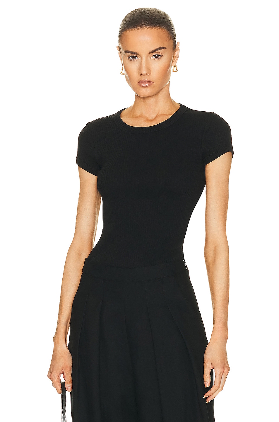 Image 1 of Enza Costa Pointelle Knit Cap Sleeve Crew Top in Black