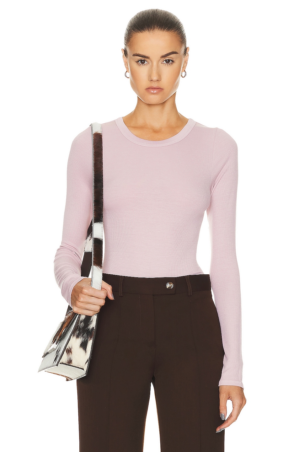 Image 1 of Enza Costa Silk Knit Long Sleeve Crewneck Top in Pink Clay