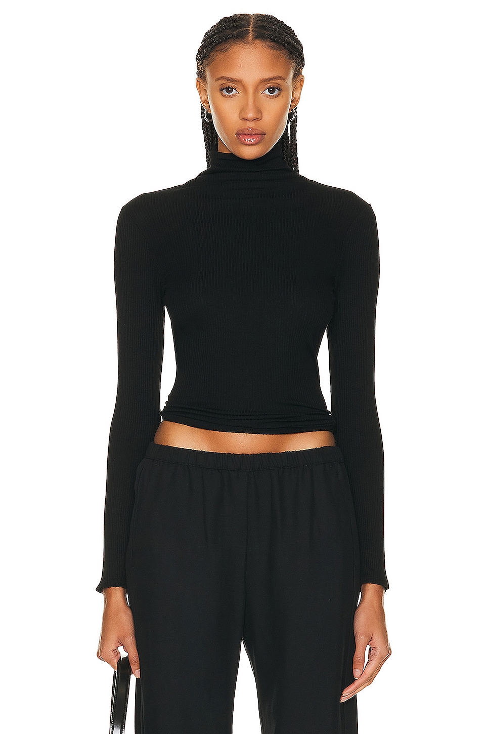 Image 1 of Enza Costa Silk Cashmere Rib Slim Long Sleeve Turtleneck Top in Black