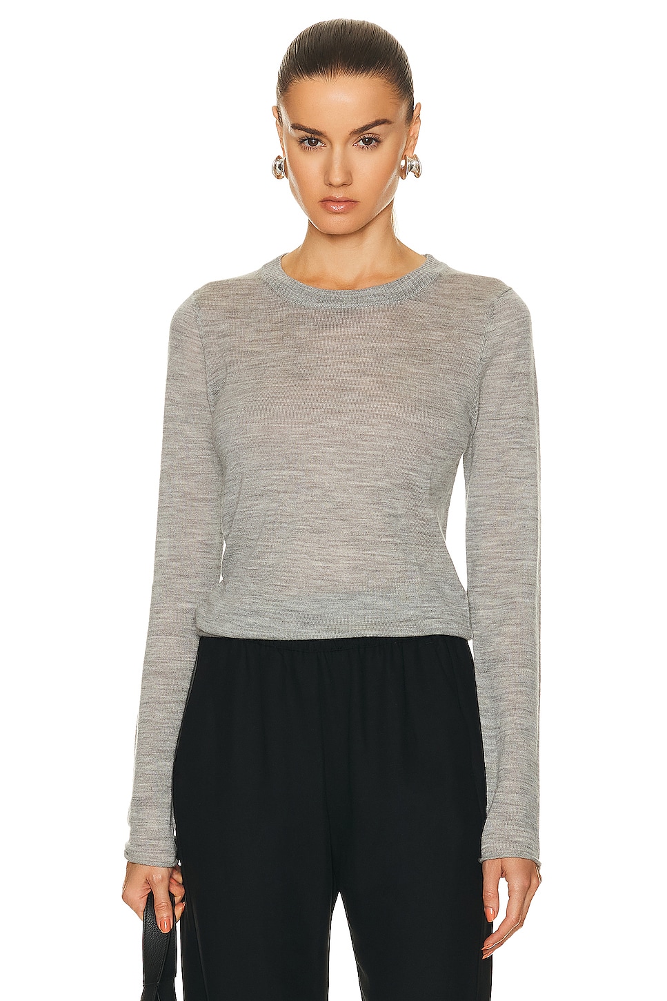 Image 1 of Enza Costa Tissue Cashmere Bold Long Sleeve Crew Top in Heather Grey