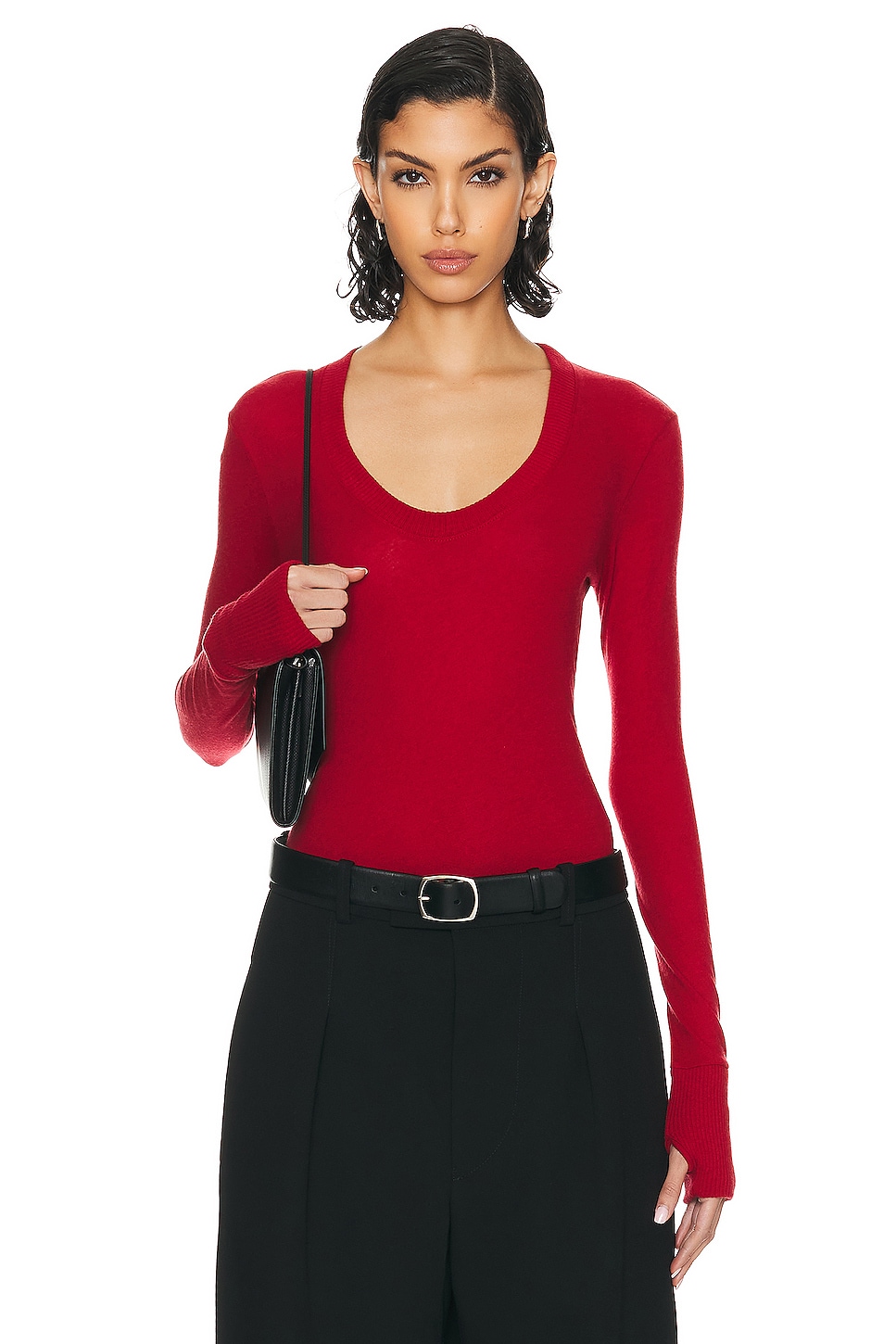 Image 1 of Enza Costa Cashmere U Neck Long Sleeve Bodysuit in Red