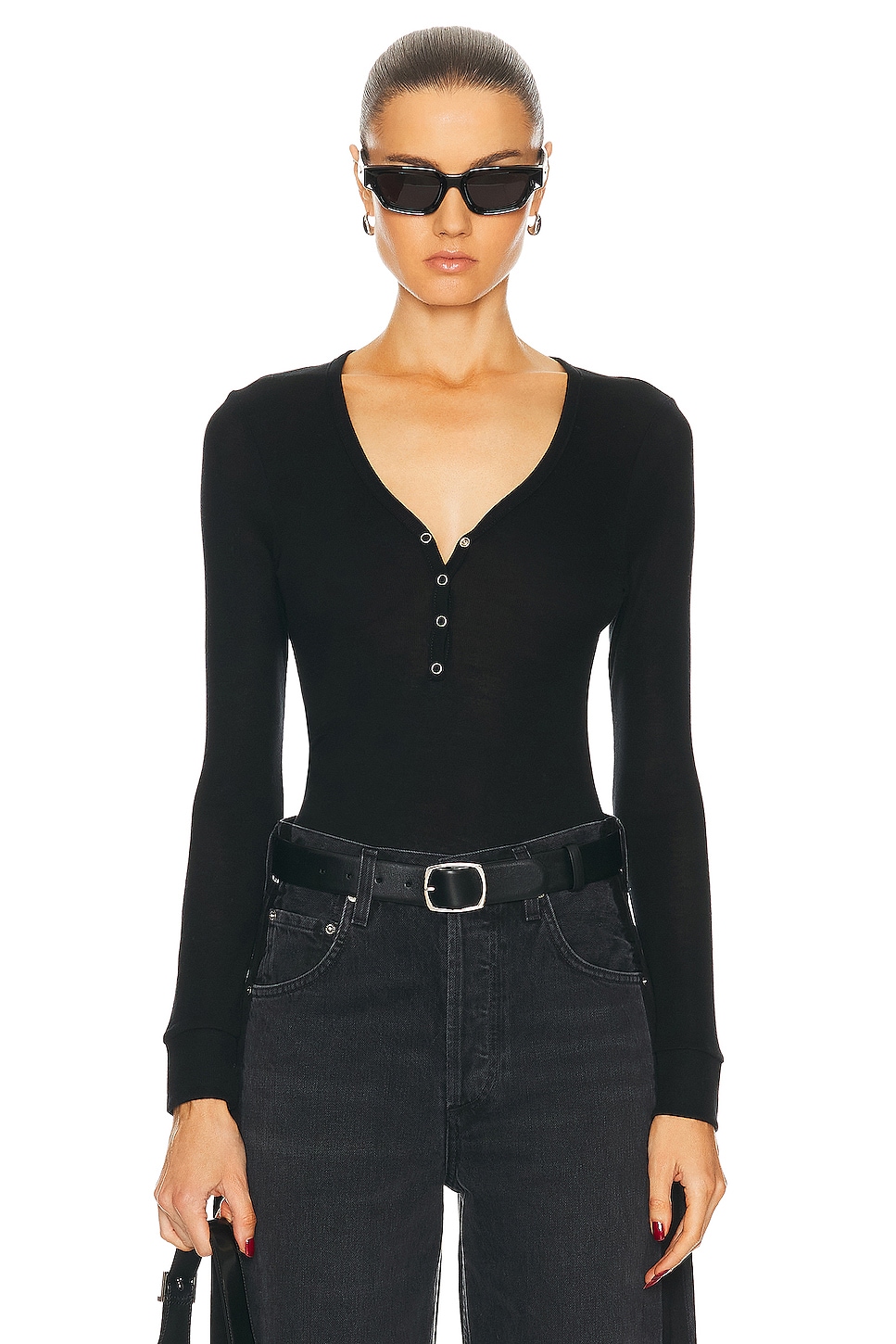 Image 1 of Enza Costa Cashmere Tencel Baby Rib Long Sleeve Henley Top in Black