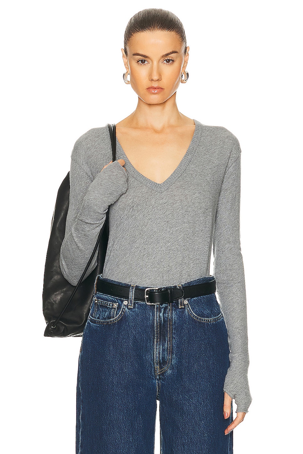 Image 1 of Enza Costa Cashmere Loose Long Sleeve V Top in Smoke