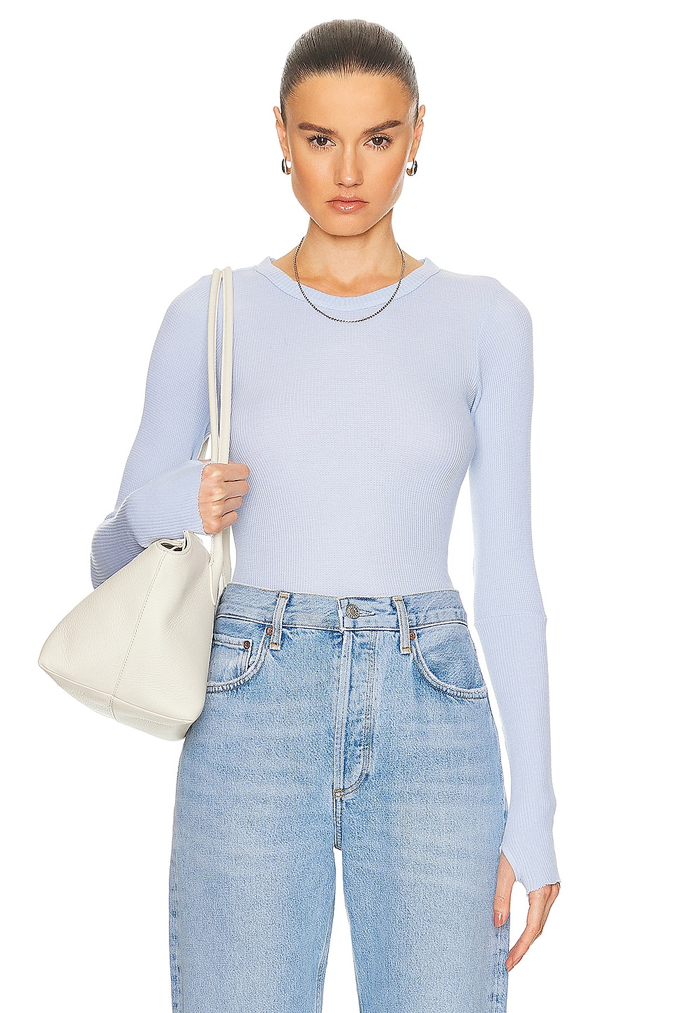 Image 1 of Enza Costa Cuffed Long Sleeve Crew Top in Powder Blue