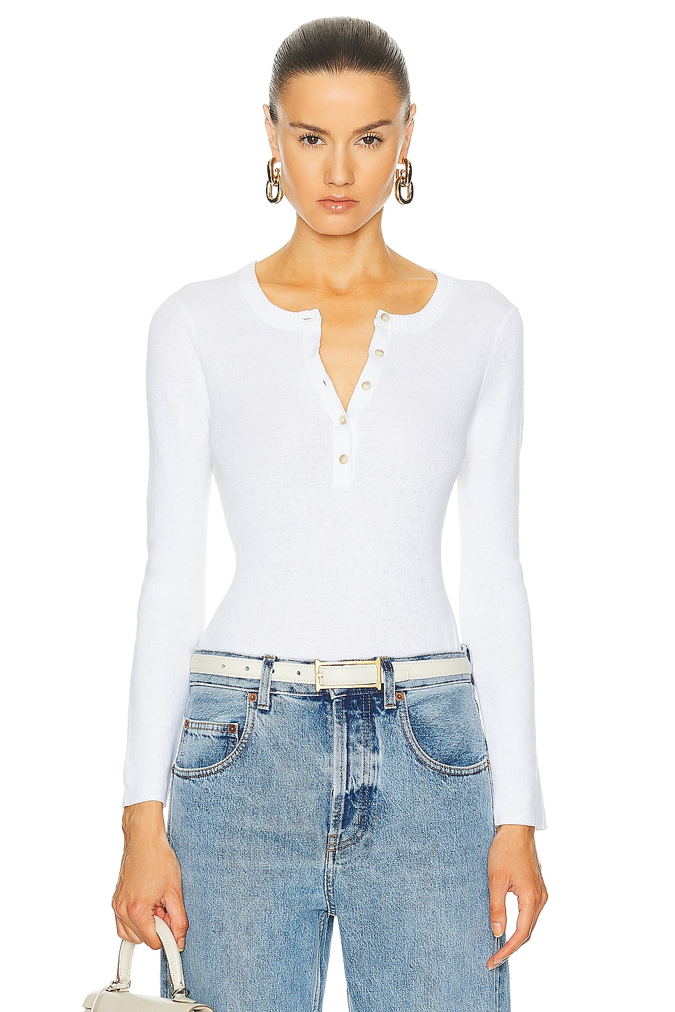 Image 1 of Enza Costa Linen Knit Henley Top in White