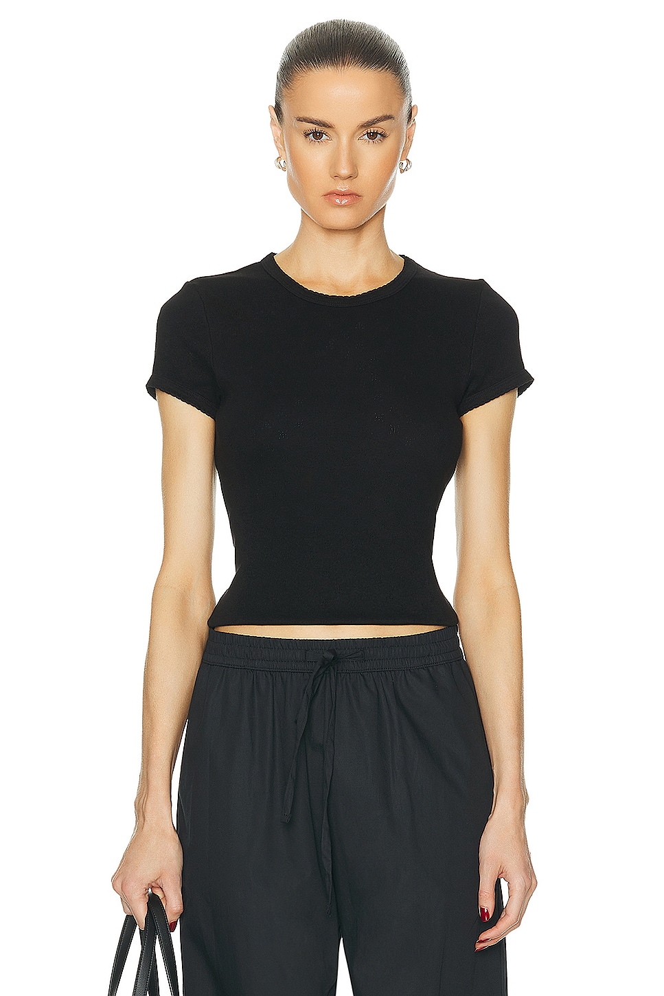 Image 1 of Enza Costa Scallop Edge Pointelle Cap Sleeve Tee in Black