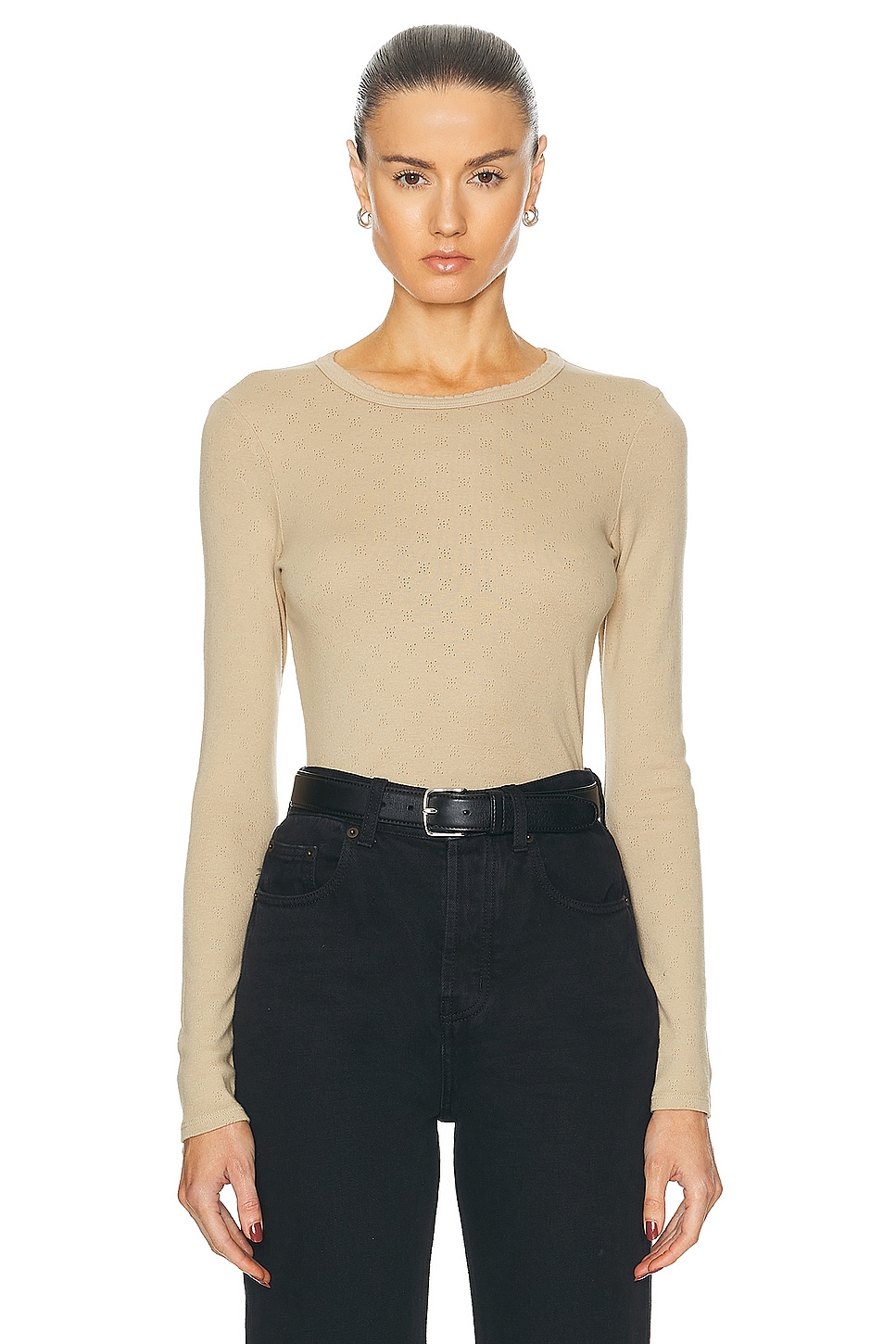 Image 1 of Enza Costa Scallop Edge Pointelle Long Sleeve Crew Top in Tan