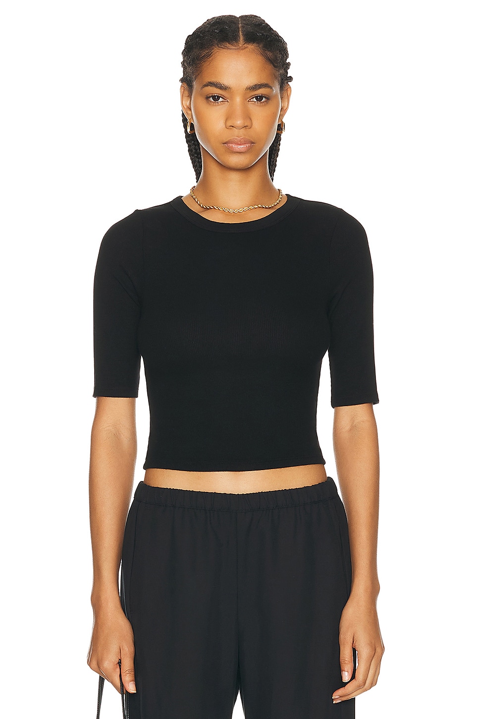 Image 1 of Enza Costa Silk Rib Cropped Half Sleeve Crew Top in Black