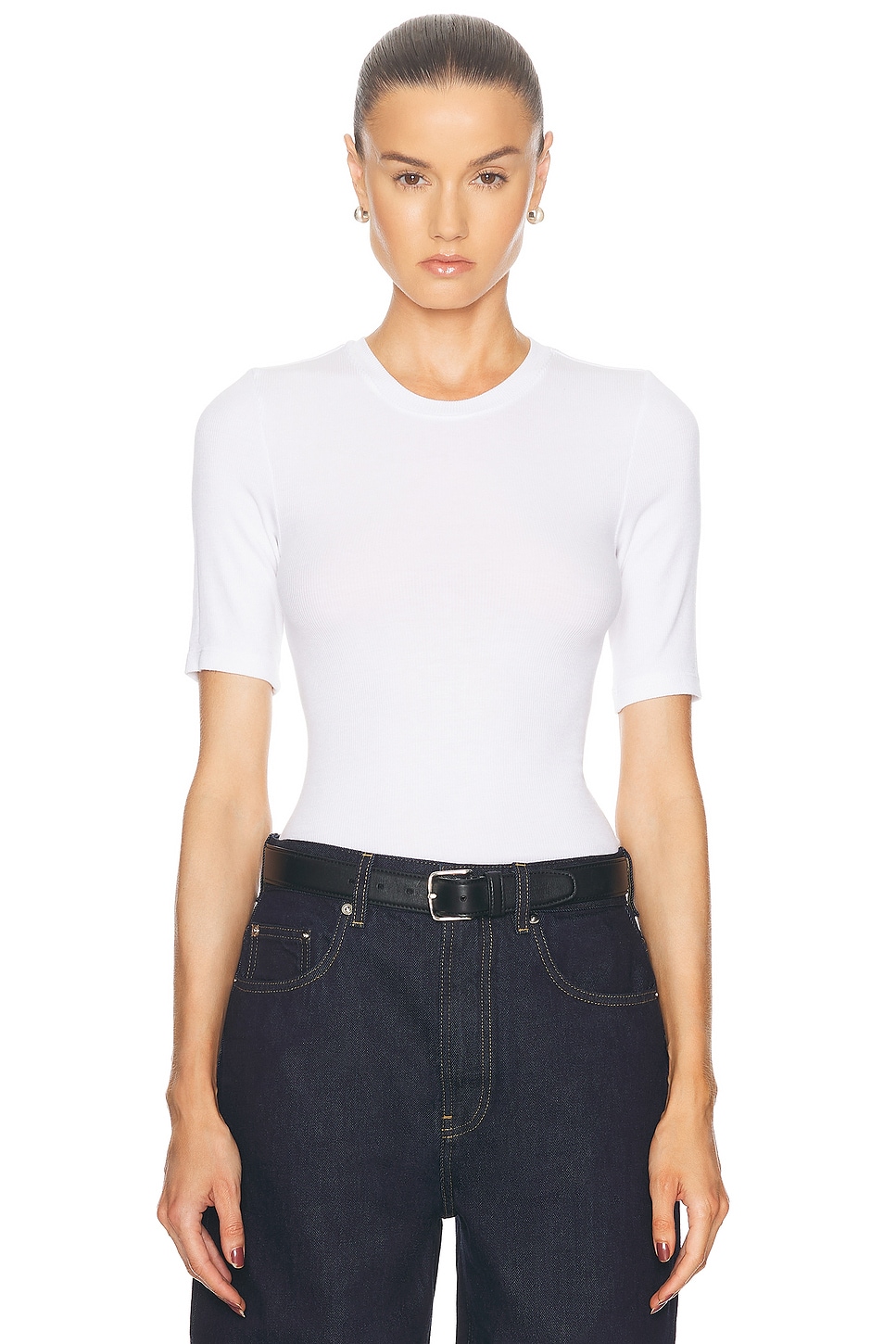 Image 1 of Enza Costa Silk Knit Half Sleeve Crewneck Top in White