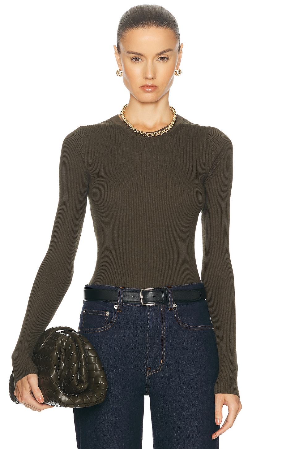 Image 1 of Enza Costa Silk Sweater Rib Longsleeve Crewneck Top in Army Green