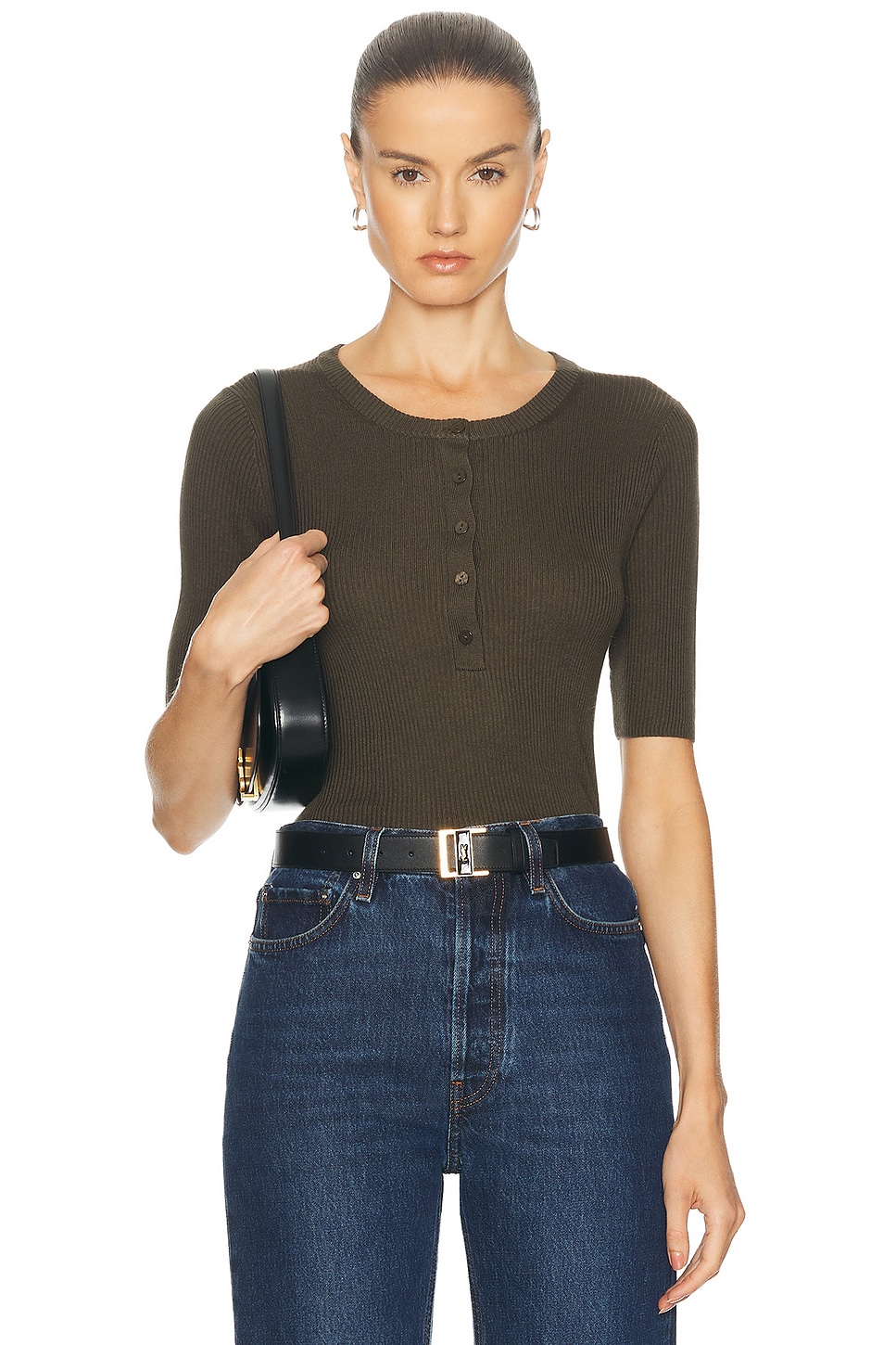 Shop Enza Costa Silk Sweater Rib Half Sleeve Henley Top In Army Green