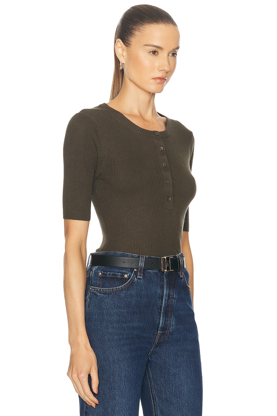 Shop Enza Costa Silk Sweater Rib Half Sleeve Henley Top In Army Green