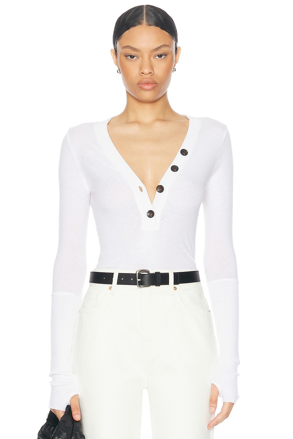 Image 1 of Enza Costa Cashmere Longsleeve Cuffed Henley Top in White