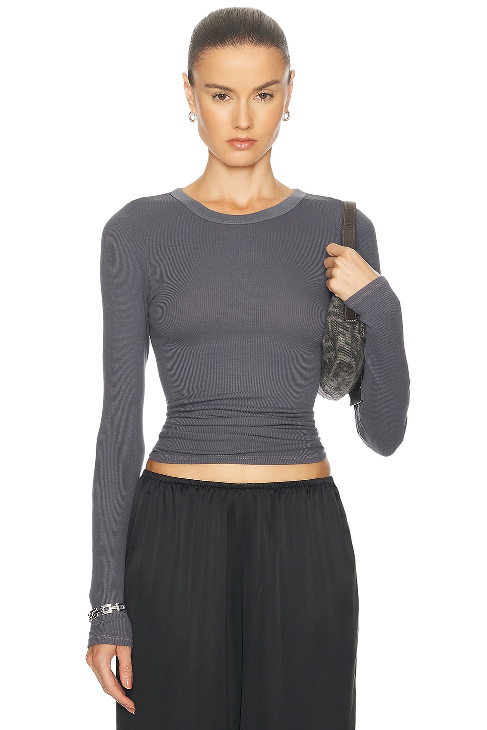 Image 1 of Enza Costa Silk Knit Longsleeve Crewneck Top in Castle Rock