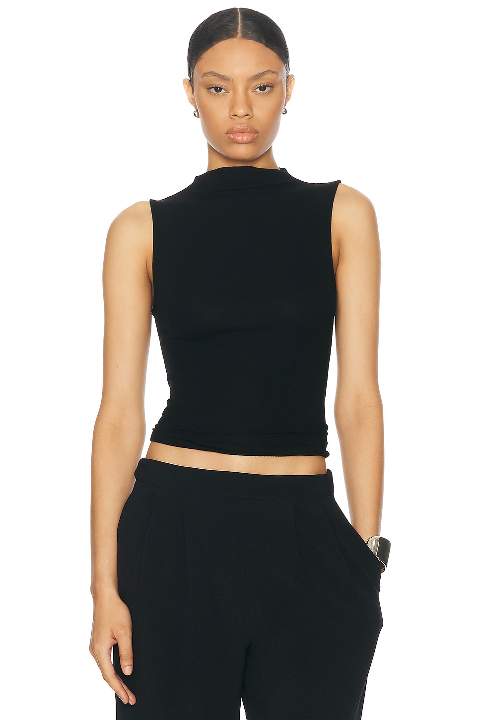 Image 1 of Enza Costa Silk Knit Rib Sleeveless Mockneck Top in Black