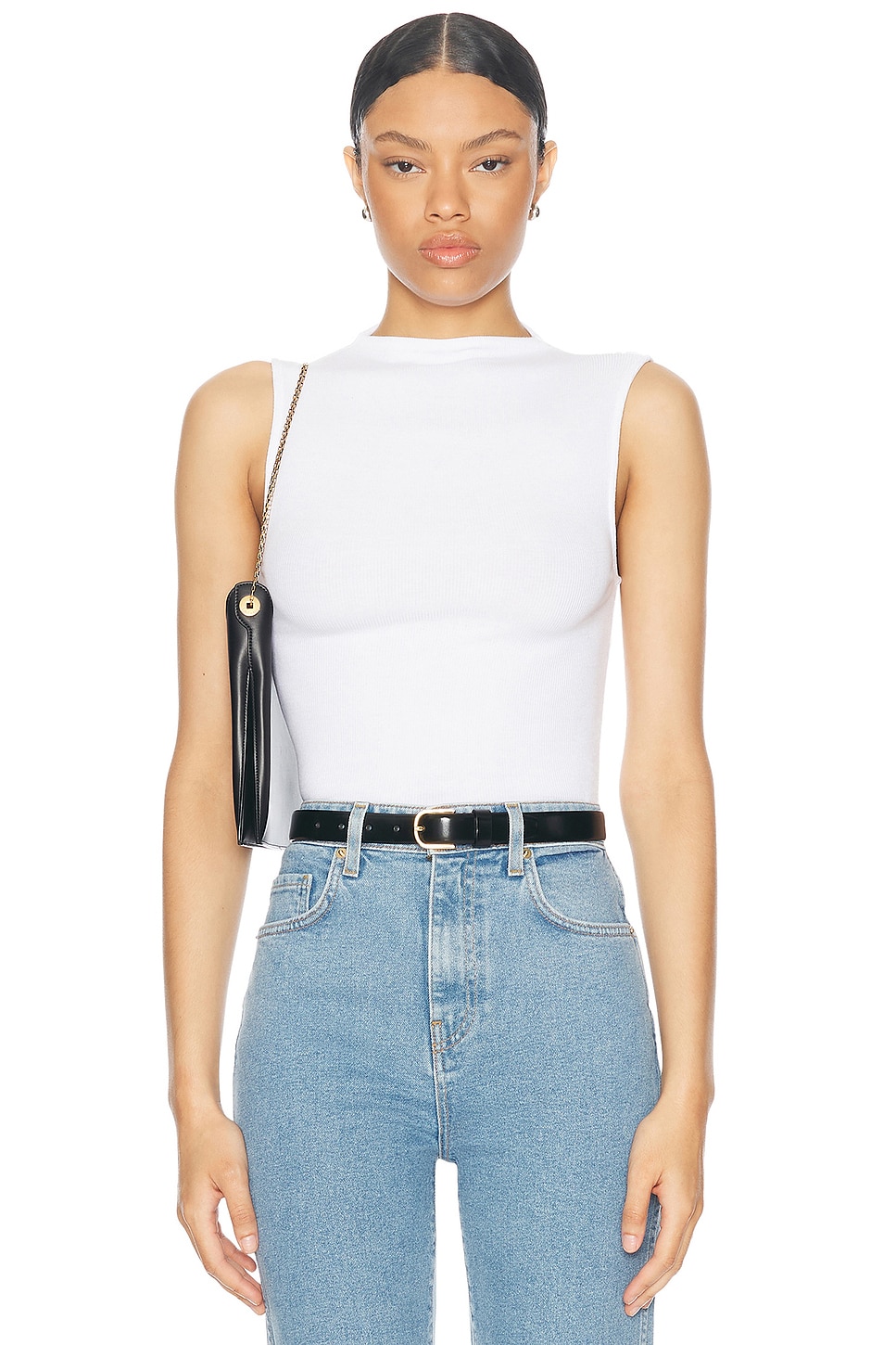 Image 1 of Enza Costa Silk Knit Rib Sleeveless Mockneck Top in White