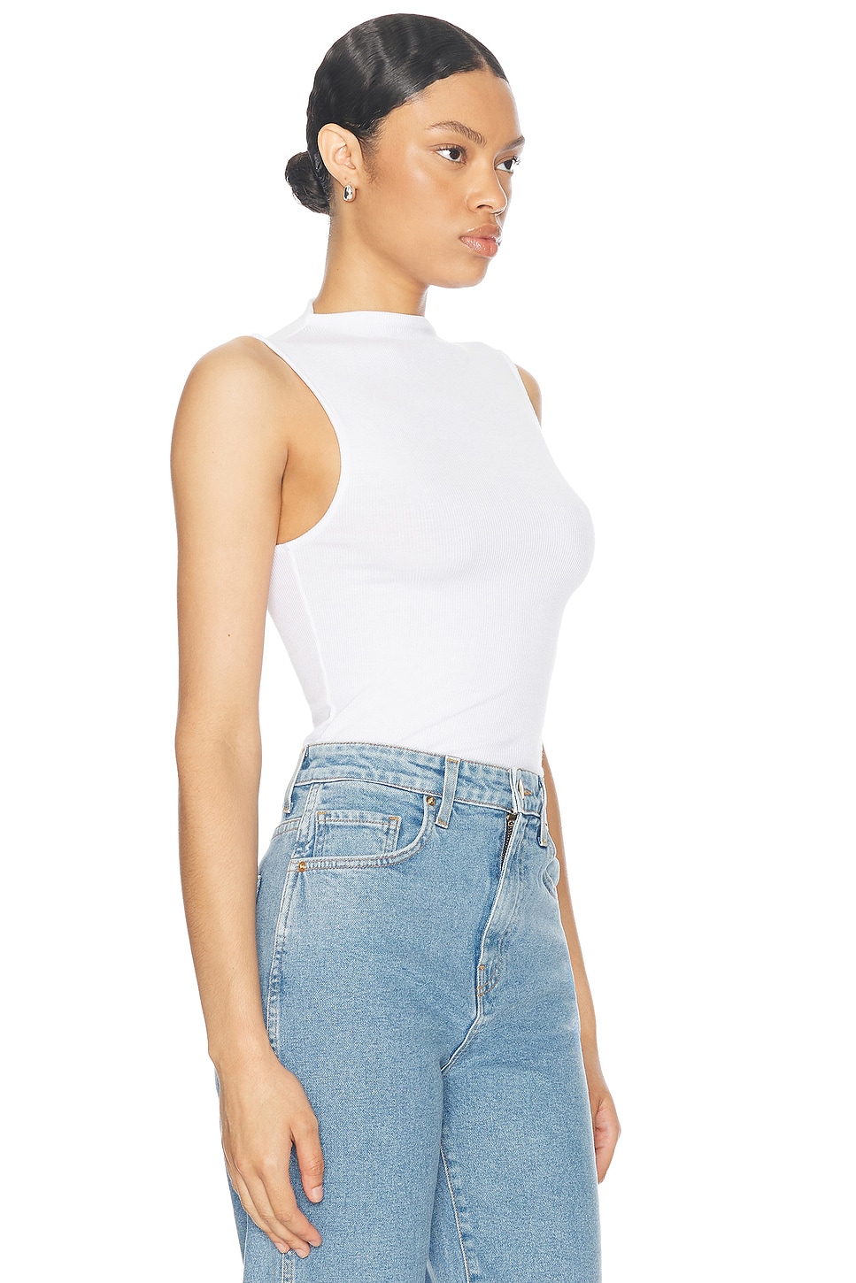 Shop Enza Costa Silk Knit Rib Sleeveless Mockneck Top In White