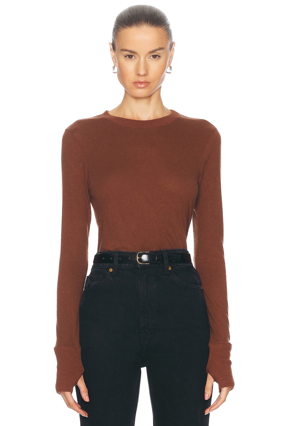 Image 1 of Enza Costa Cashmere Easy Cuffed Crewneck Top in Nutshell