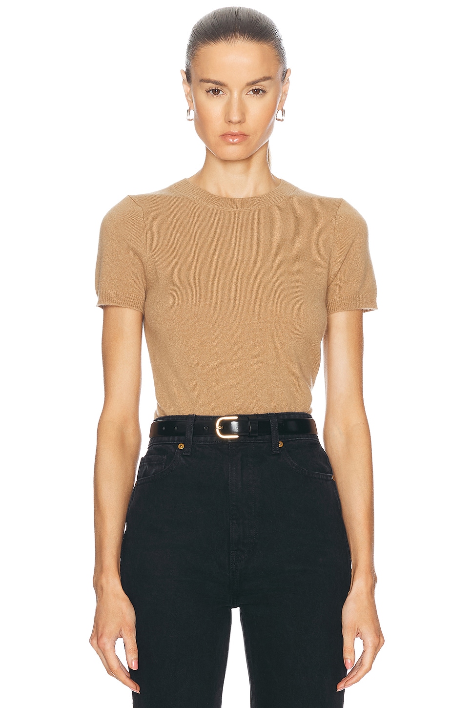 Image 1 of Enza Costa Cashmere Shortsleeve Crewneck Top in Beige