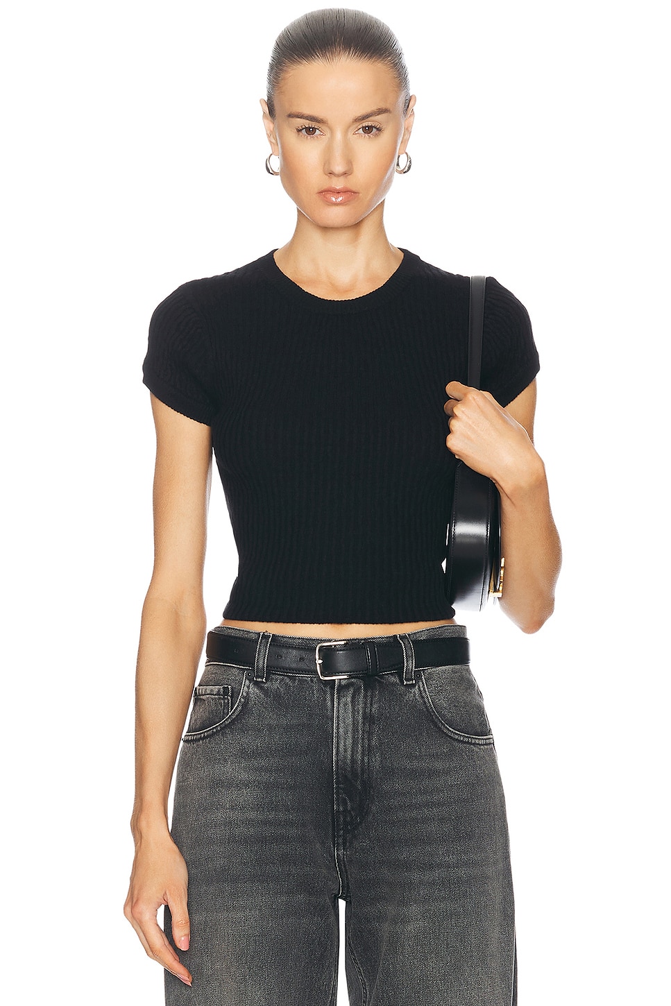 Image 1 of Enza Costa Cashmere Cotton Pointelle Cap Sleeve Crewneck Top in Black