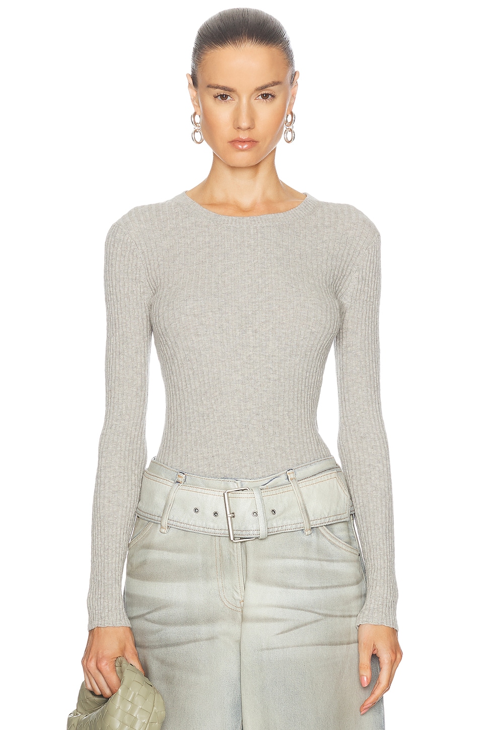 Image 1 of Enza Costa Cashmere Cotton Pointelle Longsleeve Crewneck Top in Light Heather Grey