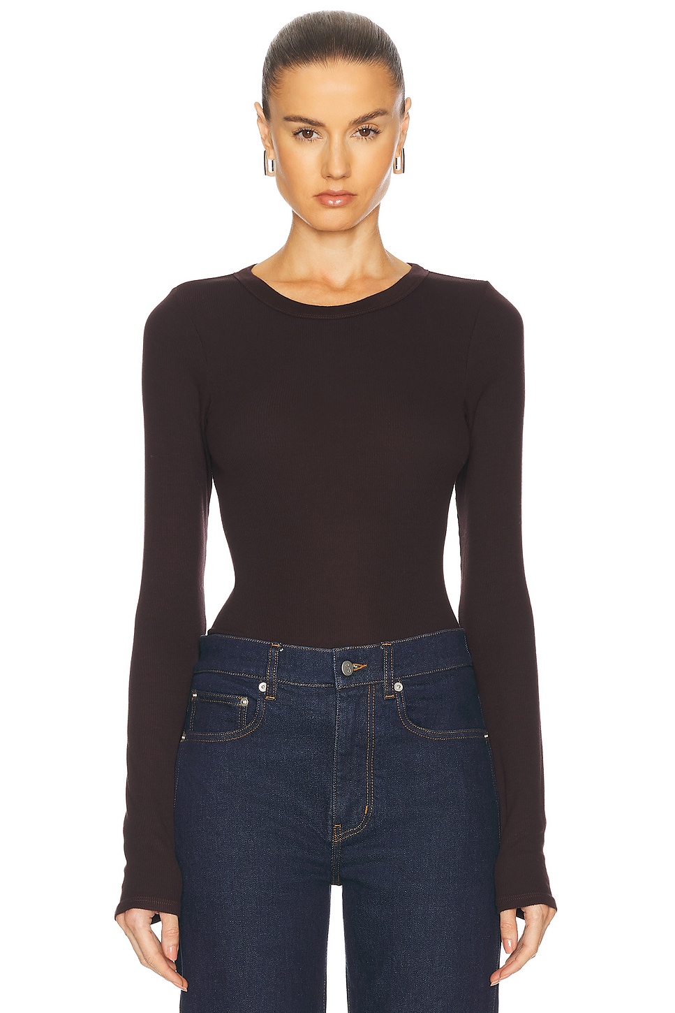 Silk Knit Long Sleeve Crewneck Top in Chocolate