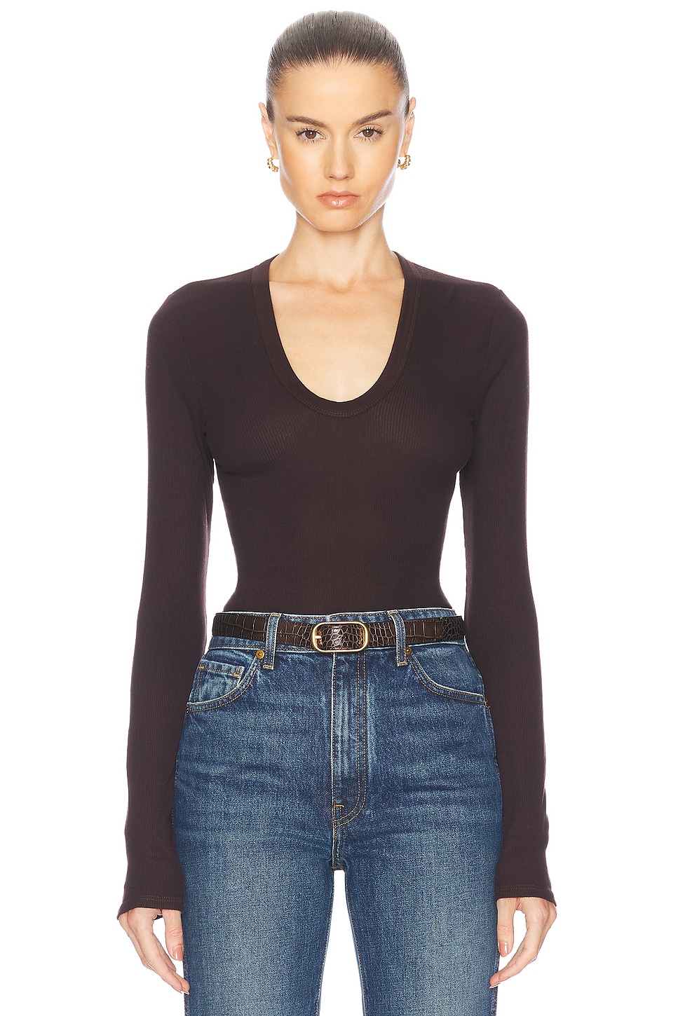 Rib Bold Long Sleeve U-Neck Top in Brown