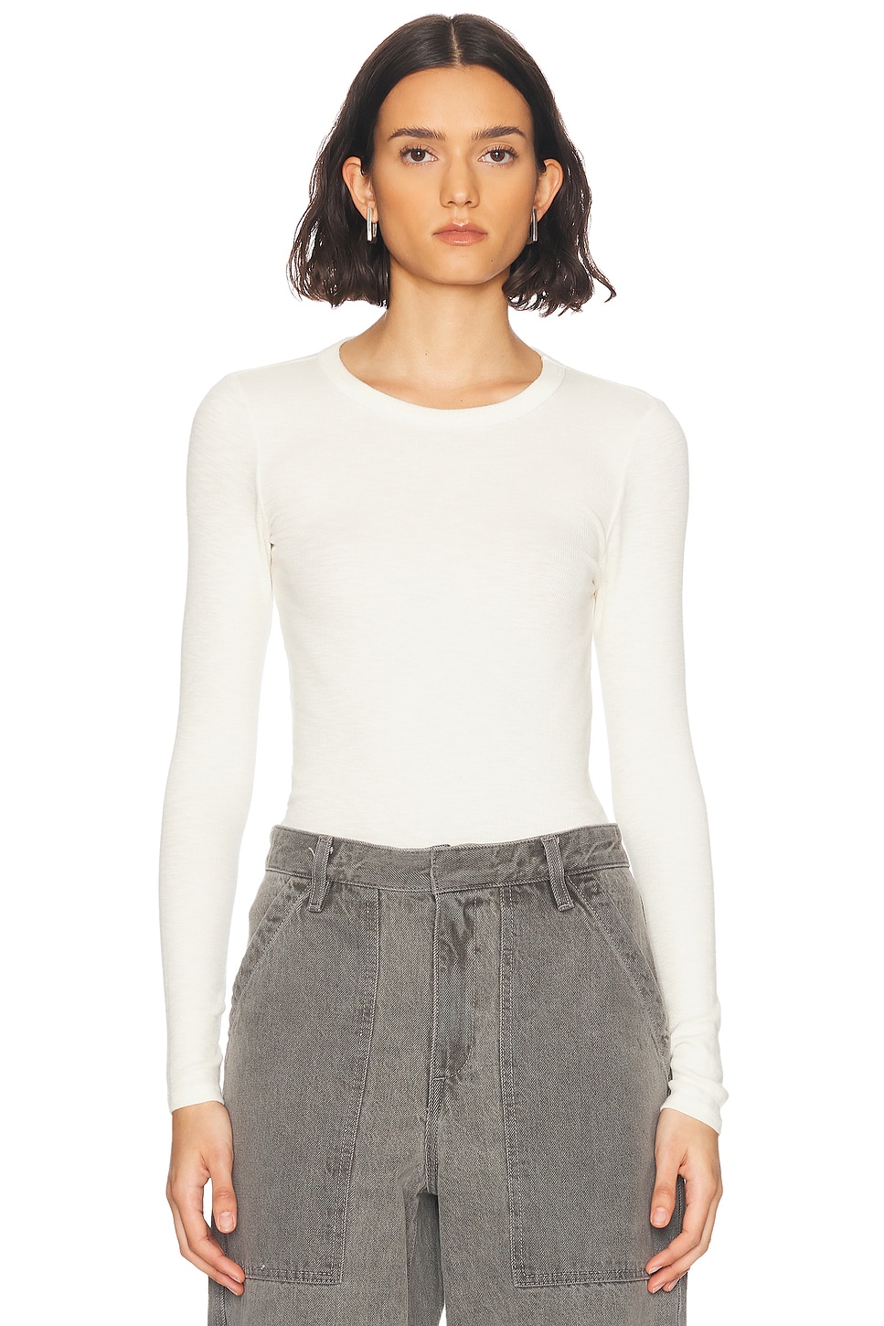 Textured Rib Long Sleeve Crewneck Top in Cream