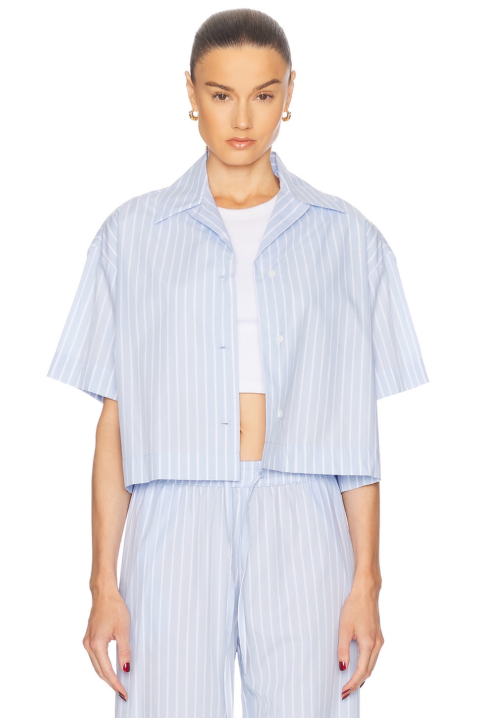 Image 1 of Enza Costa Poplin Cropped Short Sleeve Shirt in Light Blue & White Stripe