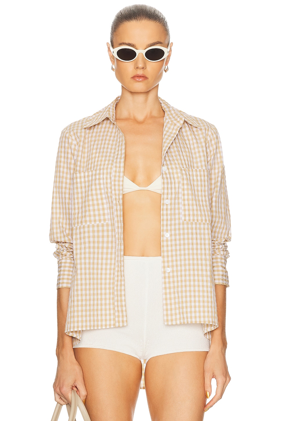 Image 1 of Enza Costa Textured Gingham Shirt in Sand Gingham