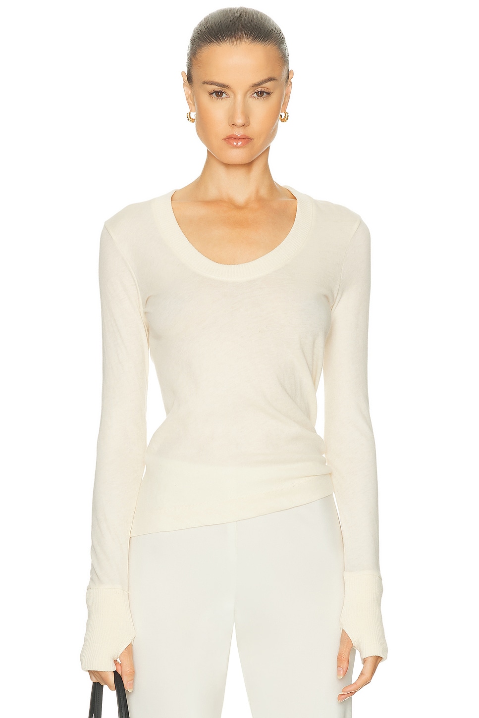Image 1 of Enza Costa Cashmere Easy Cuffed U Neck Top in Natural