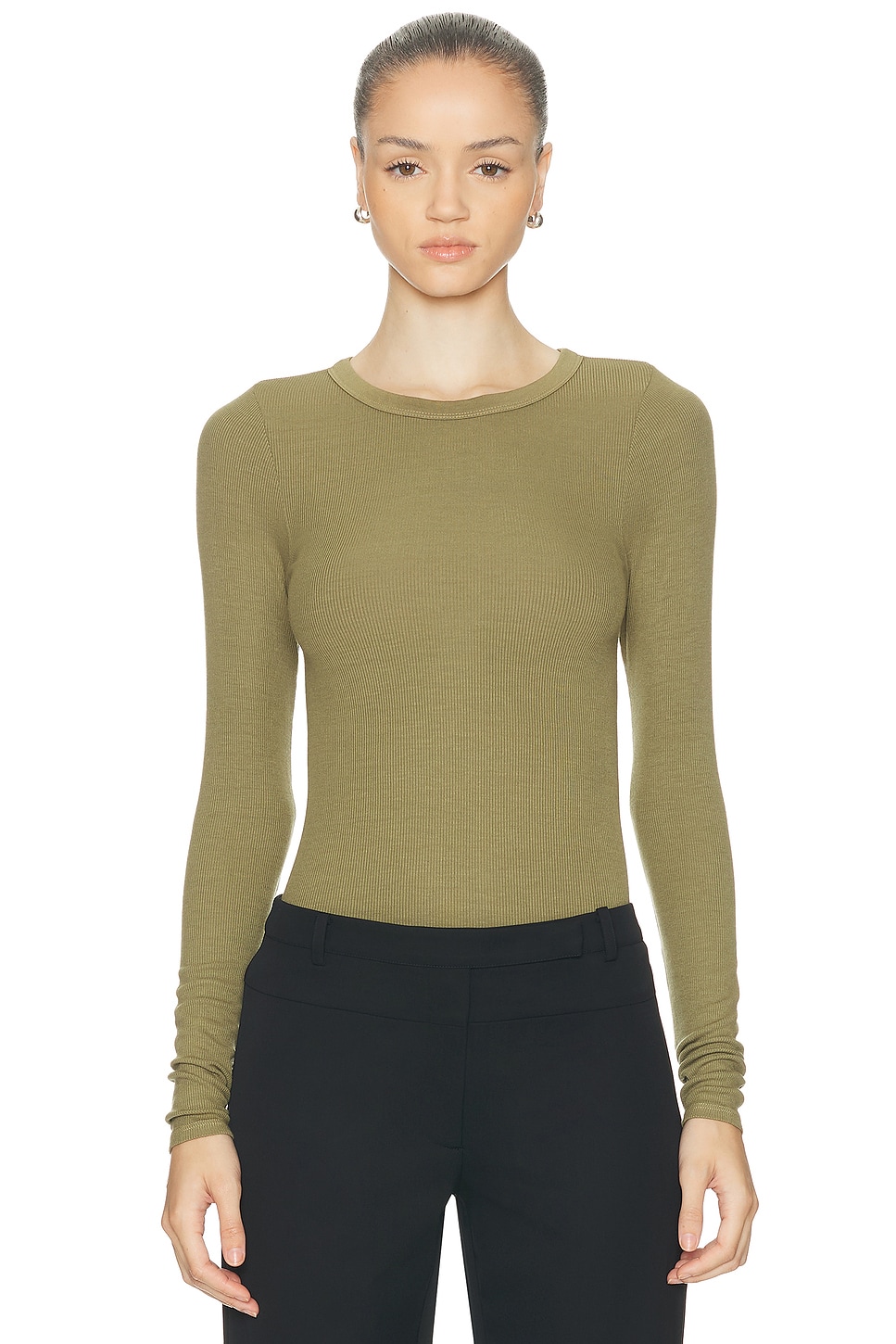 Enza Costa Silk Knit Long Sleeve Crewneck Top In Green