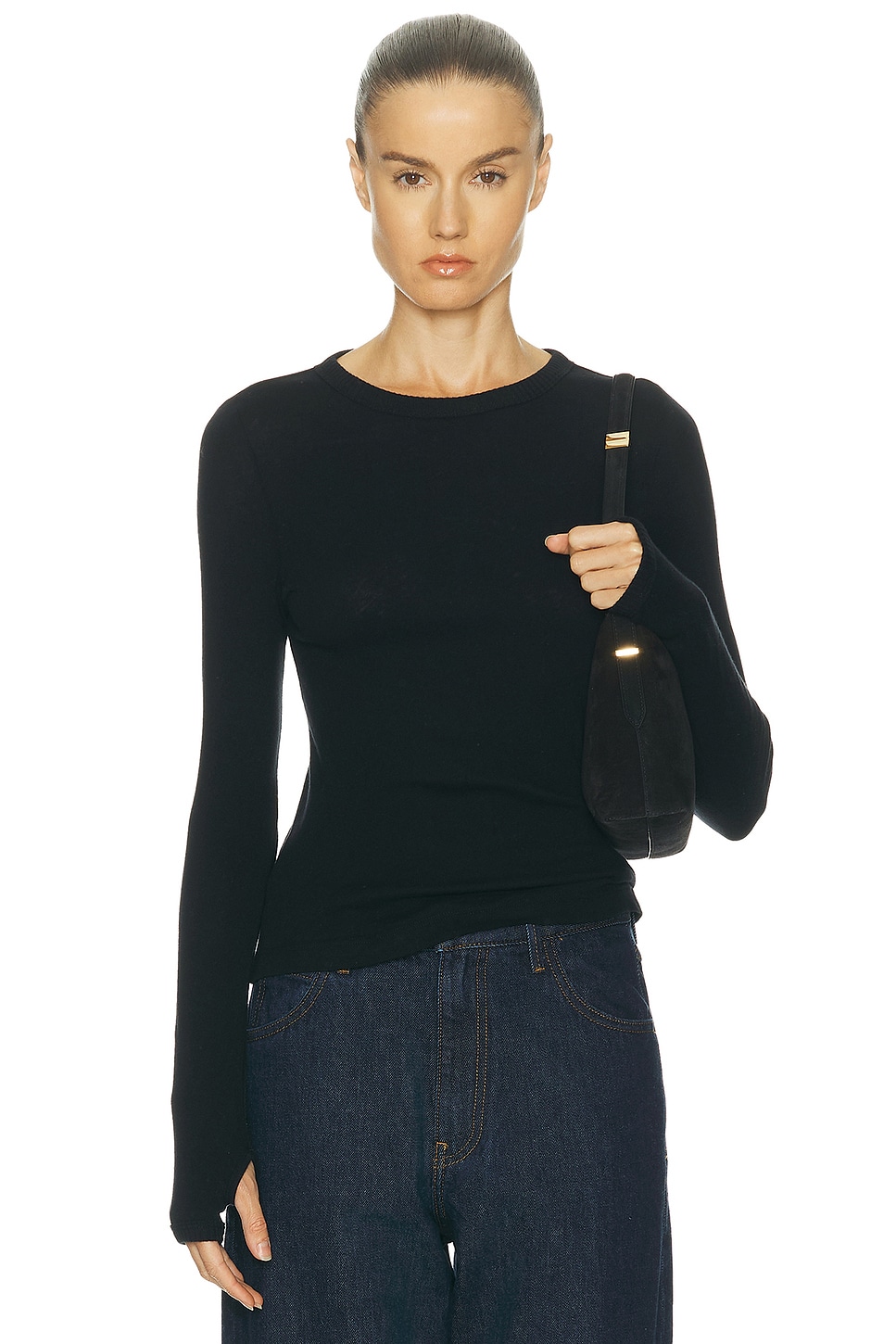 Image 1 of Enza Costa Cashmere New Classic Long Sleeve Crewneck Top in Black