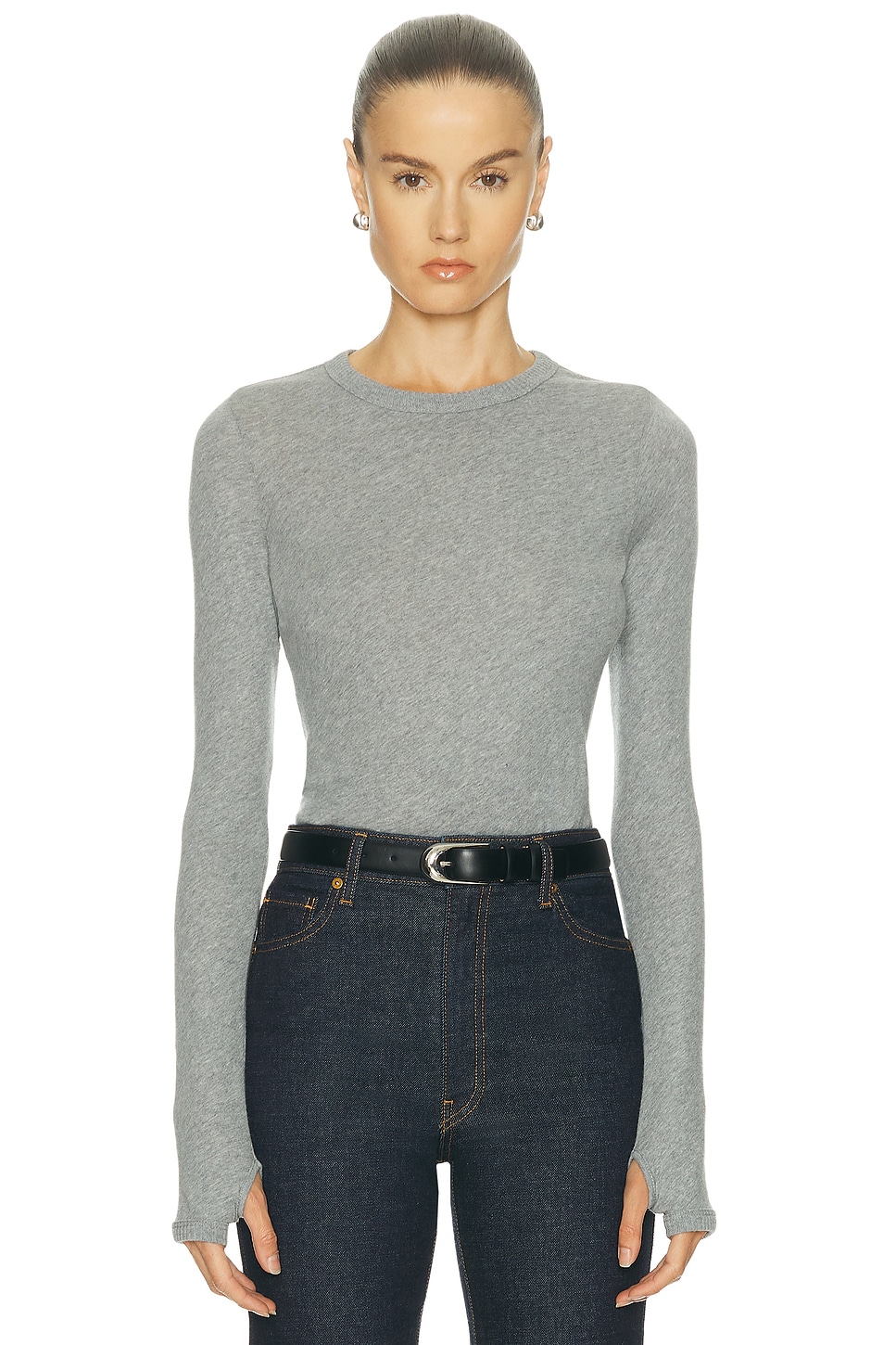 Image 1 of Enza Costa Cashmere New Classic Long Sleeve Crewneck Top in Smoke