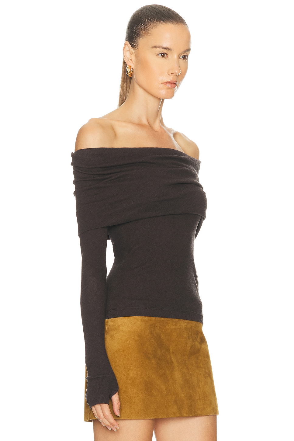 Enza Costa Cashmere Long Sleeve Off Shoulder Top In Brown