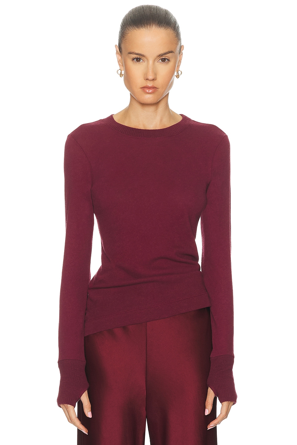 Enza Costa Cashmere Easy Long Sleeve Crew Sweater In Burgundy In Burgundy