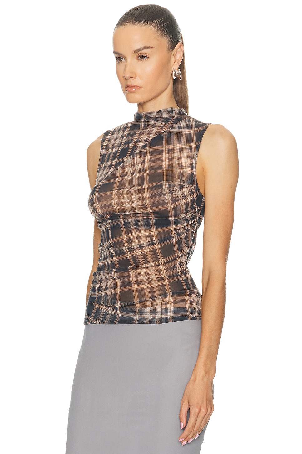 Enza Costa Plaid Mesh Sleeveless Twist Top