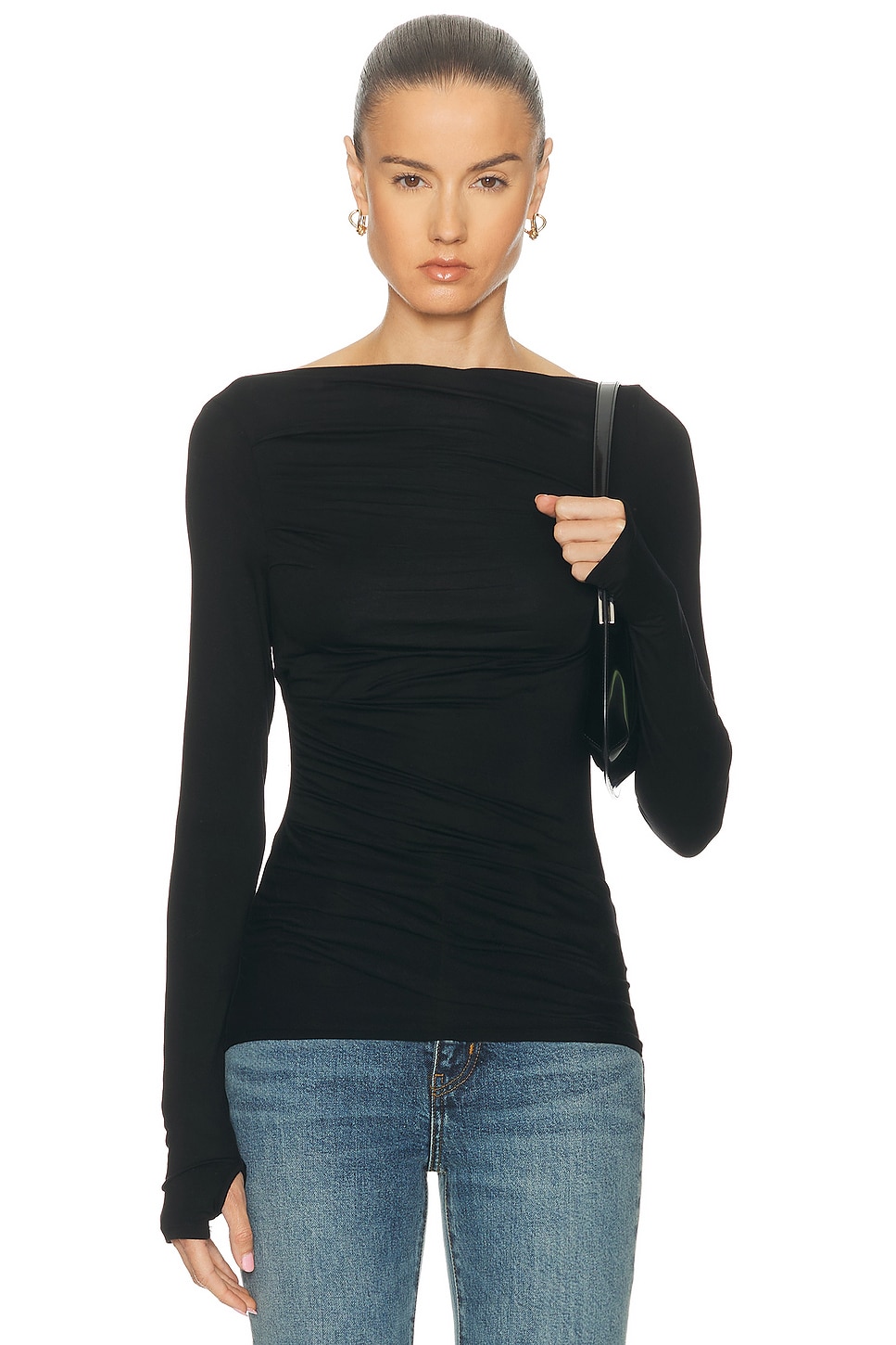 Image 1 of Enza Costa Fluid Jersey Sleeveless Draped Boatneck Top in Black