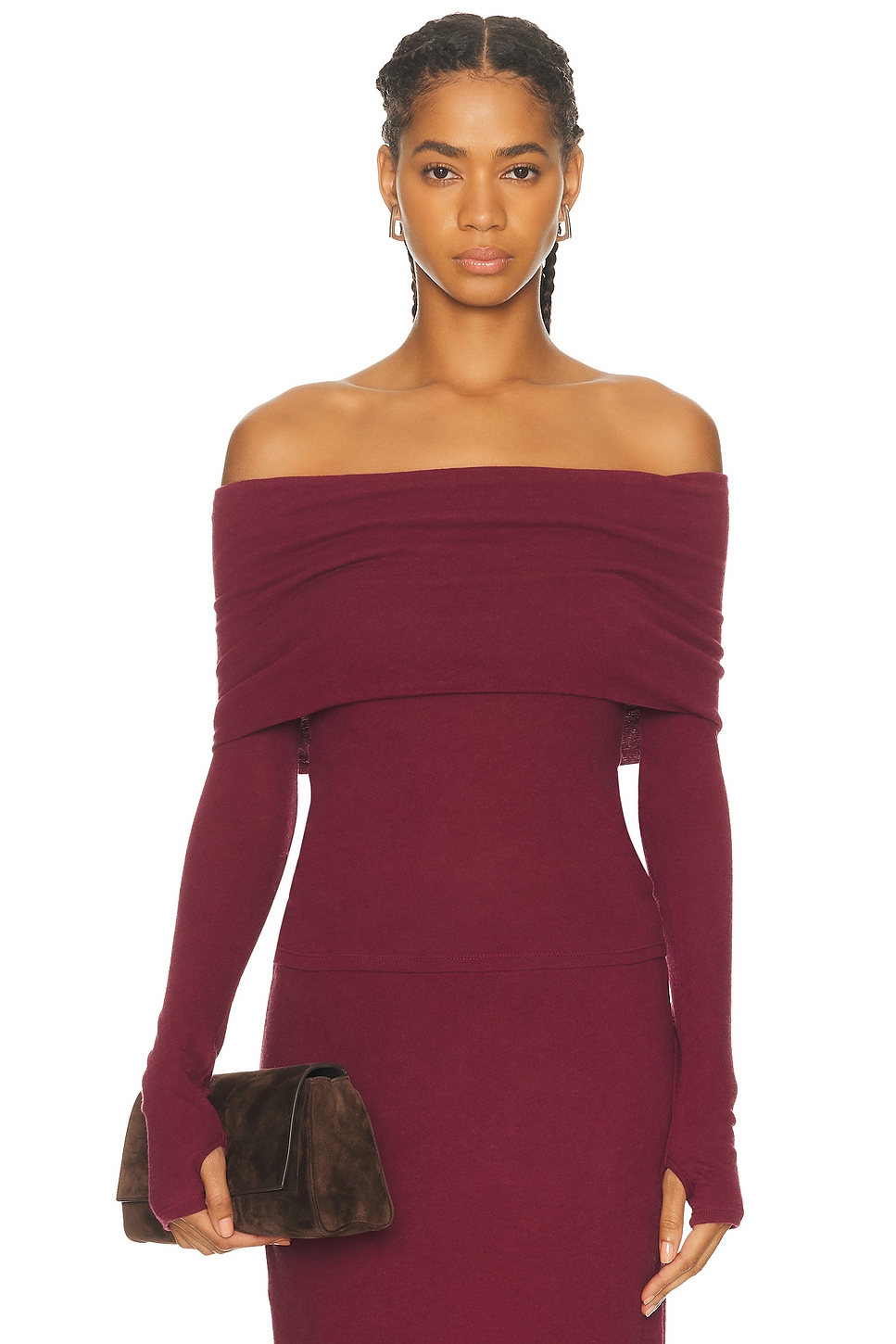 Image 1 of Enza Costa Cashmere Long Sleeve Off Shoulder Top in Barolo