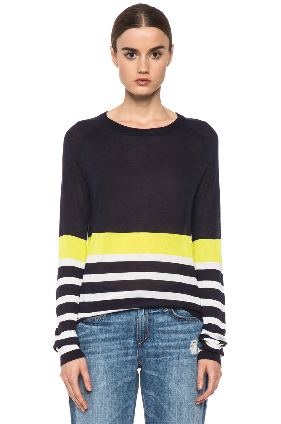 Image 1 of Equipment Habour Stripe Sloane Crew in Peacoat & Neon Canary