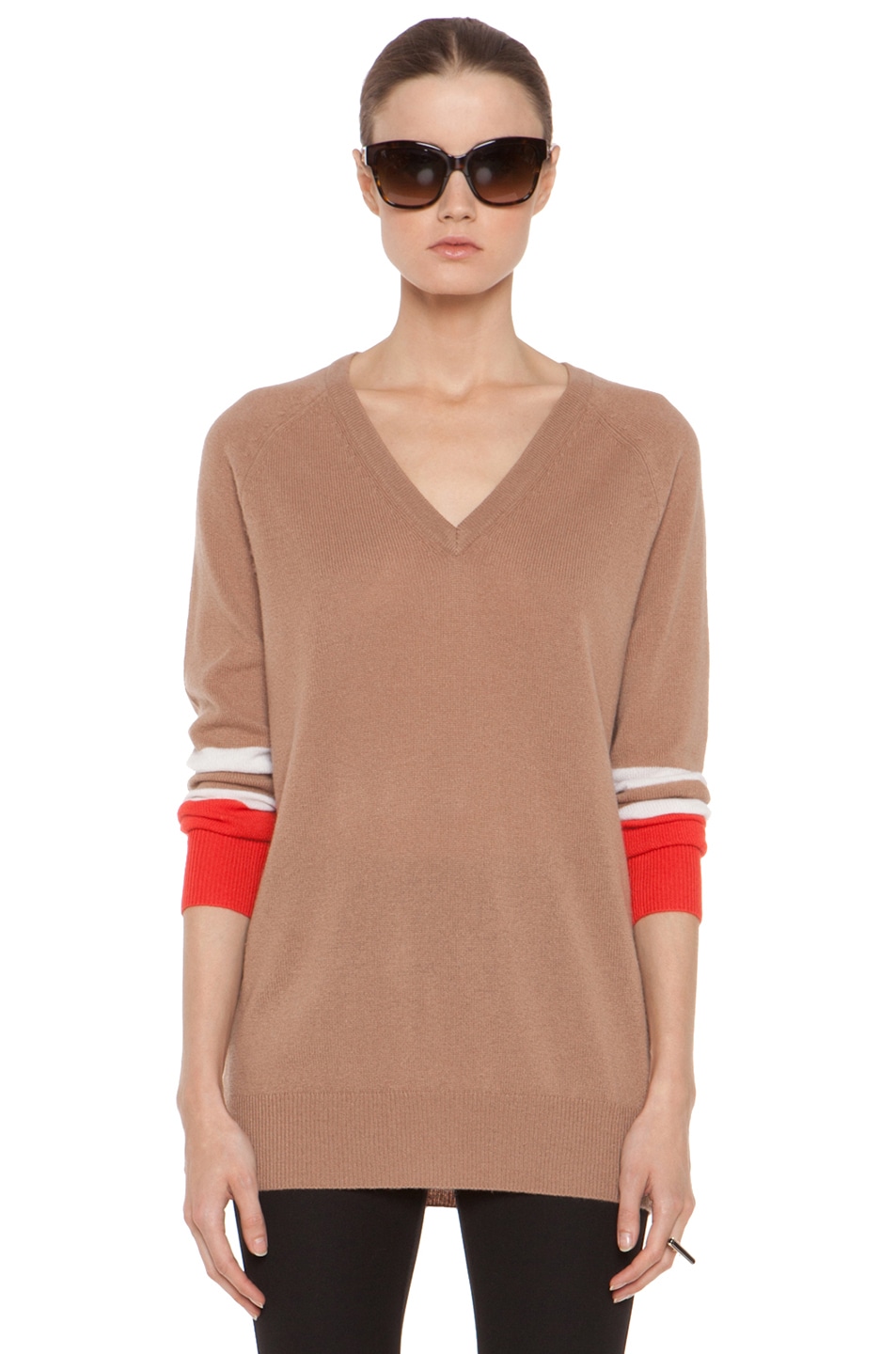 Image 1 of Equipment Asher V Neck Cashmere Colorblock Pullover in Camel